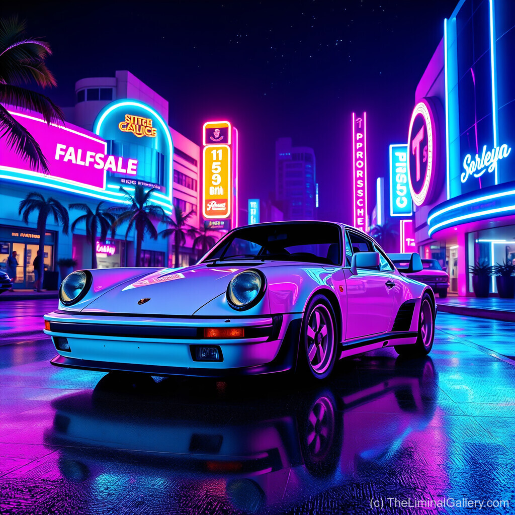 A Porsche bathed in neon hues, capturing the bold and luxurious spirit of synthwave nightlife.